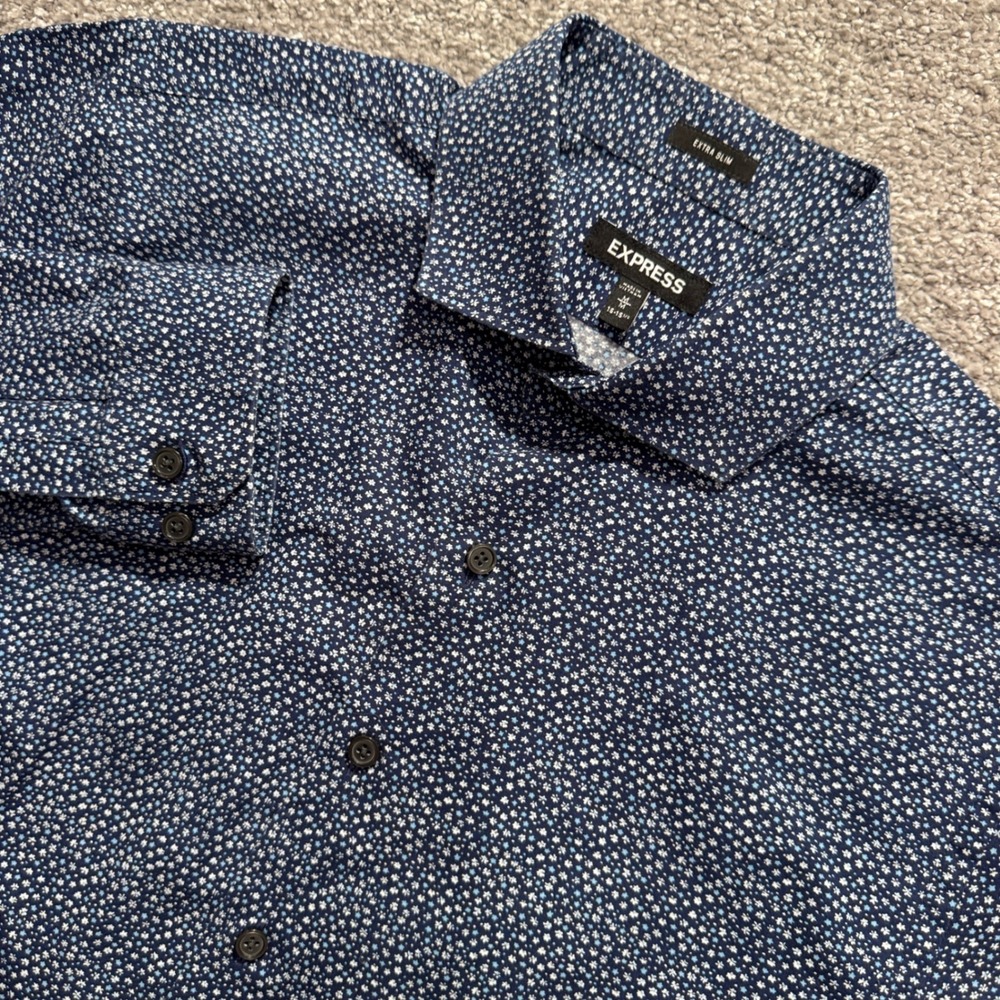 Express Shirt Mens Medium Blue Floral Cotton Extra Slim Fit Business Performance